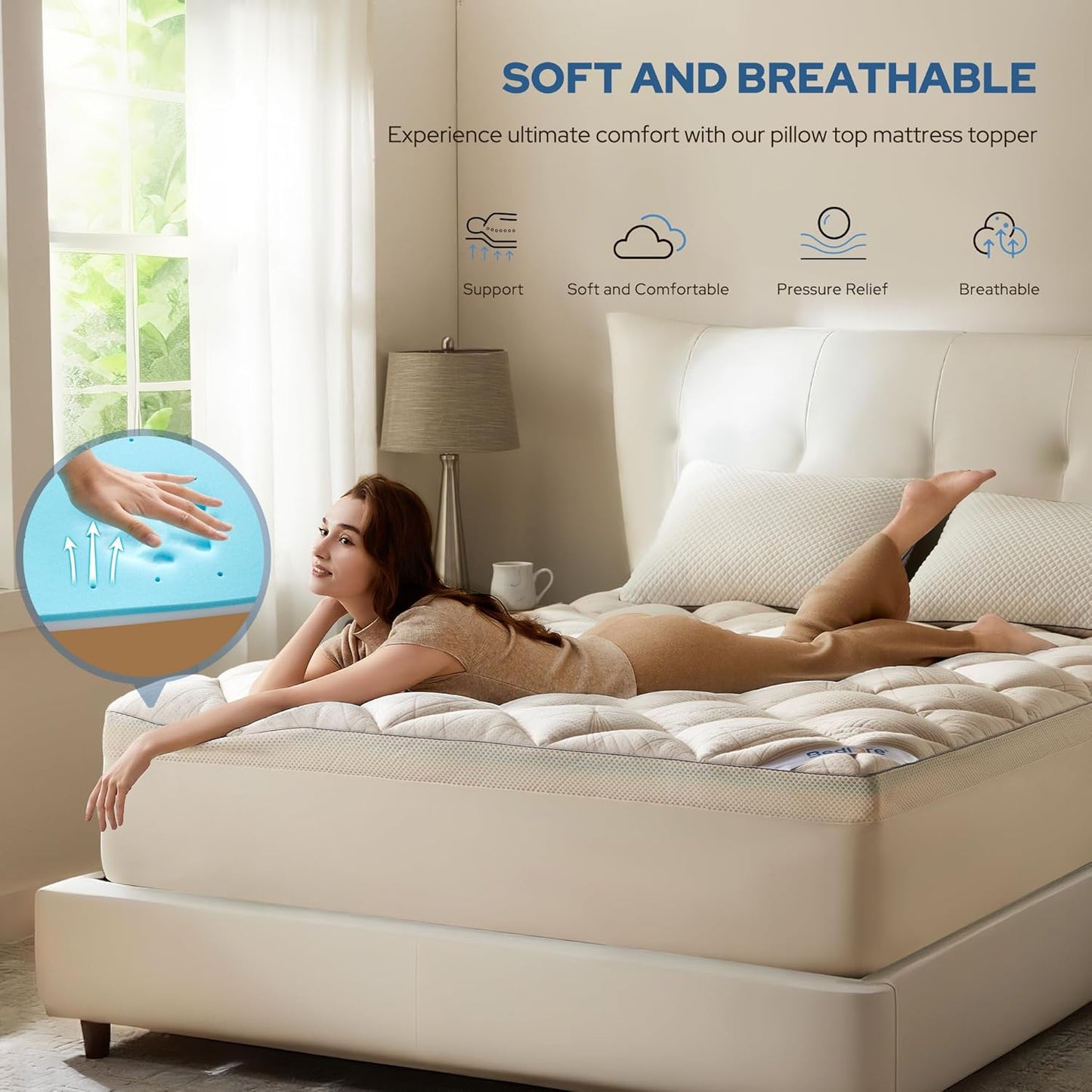 BedBedlore 4-Inch Full Mattress Topper for Back Pain - Dual Layer Medium Support (2" Gel Memory Foam + 2" Cooling Fluffy Pillow Top Pad), Breathable & Pressure Relief (Beige)