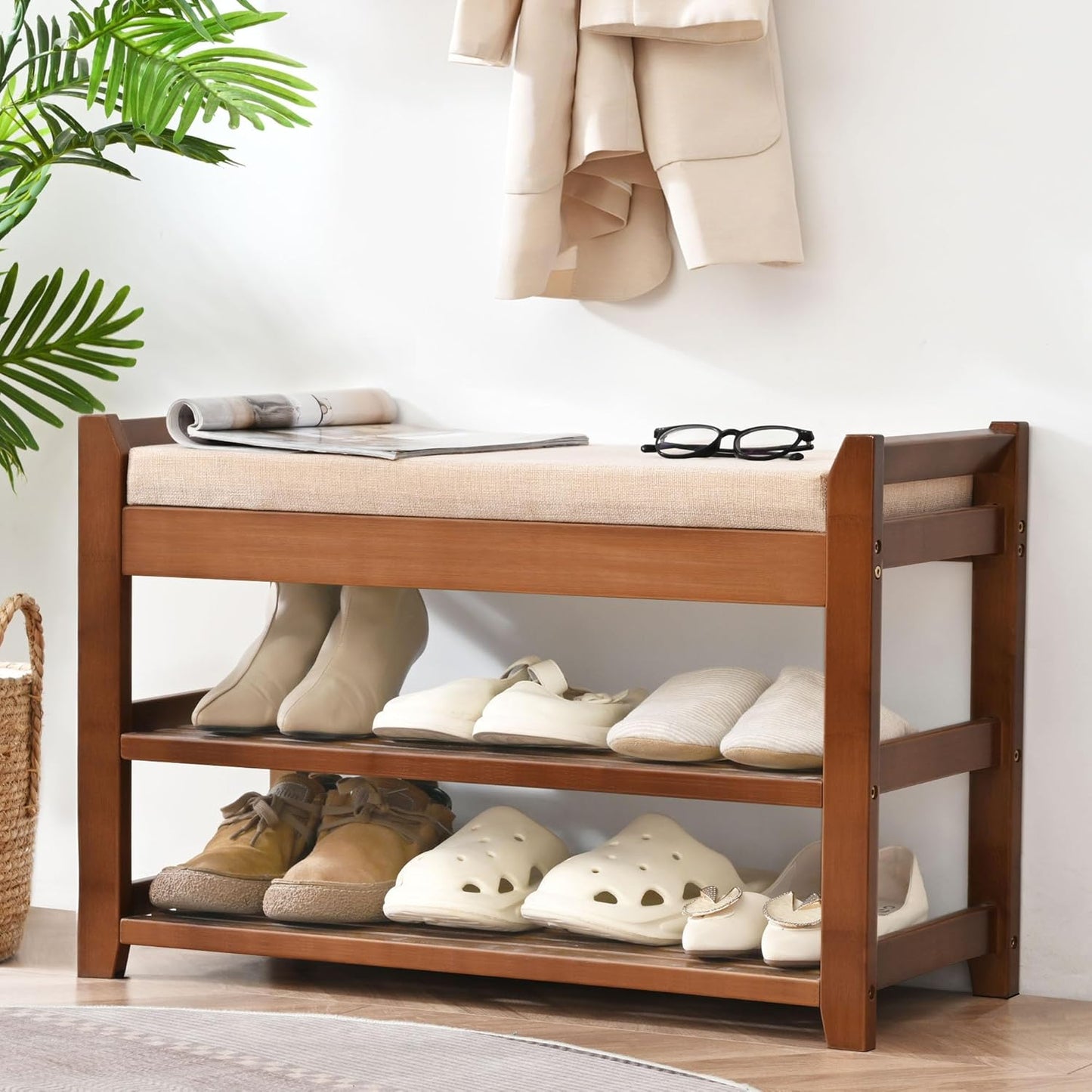 Shoe Rack Bench with Cushion, Shoe Rack for Front Door Entrance, Shoe Bench with Storage for Entryway Hallway Bedroom Living Room