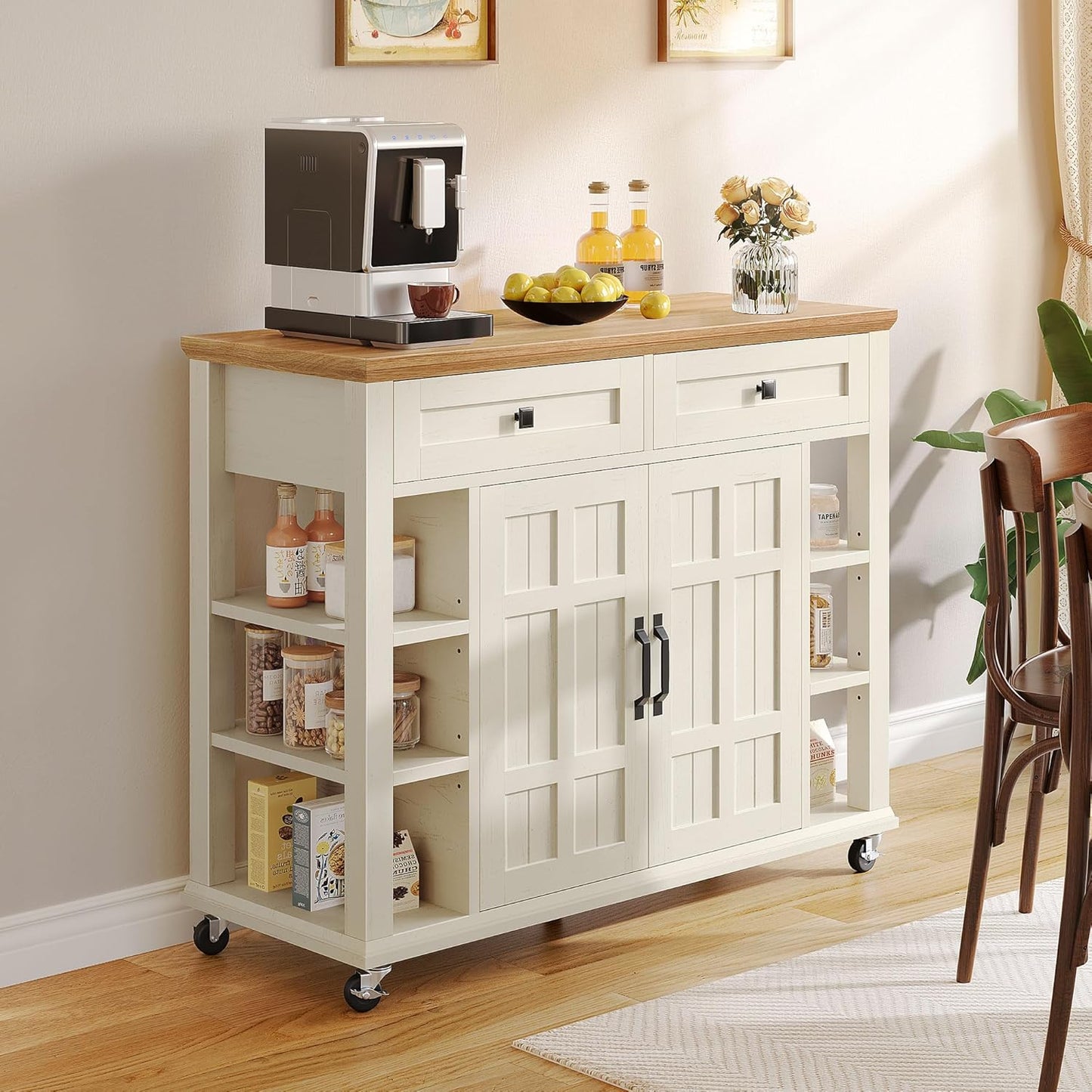 DWVO Kitchen Island with Storage Cabinet, Farmhouse Rolling Island Table on Wheels, Americana Mobile Storage Islands with Open Shelves, Drawers for Living Room, Dining Room, Off White