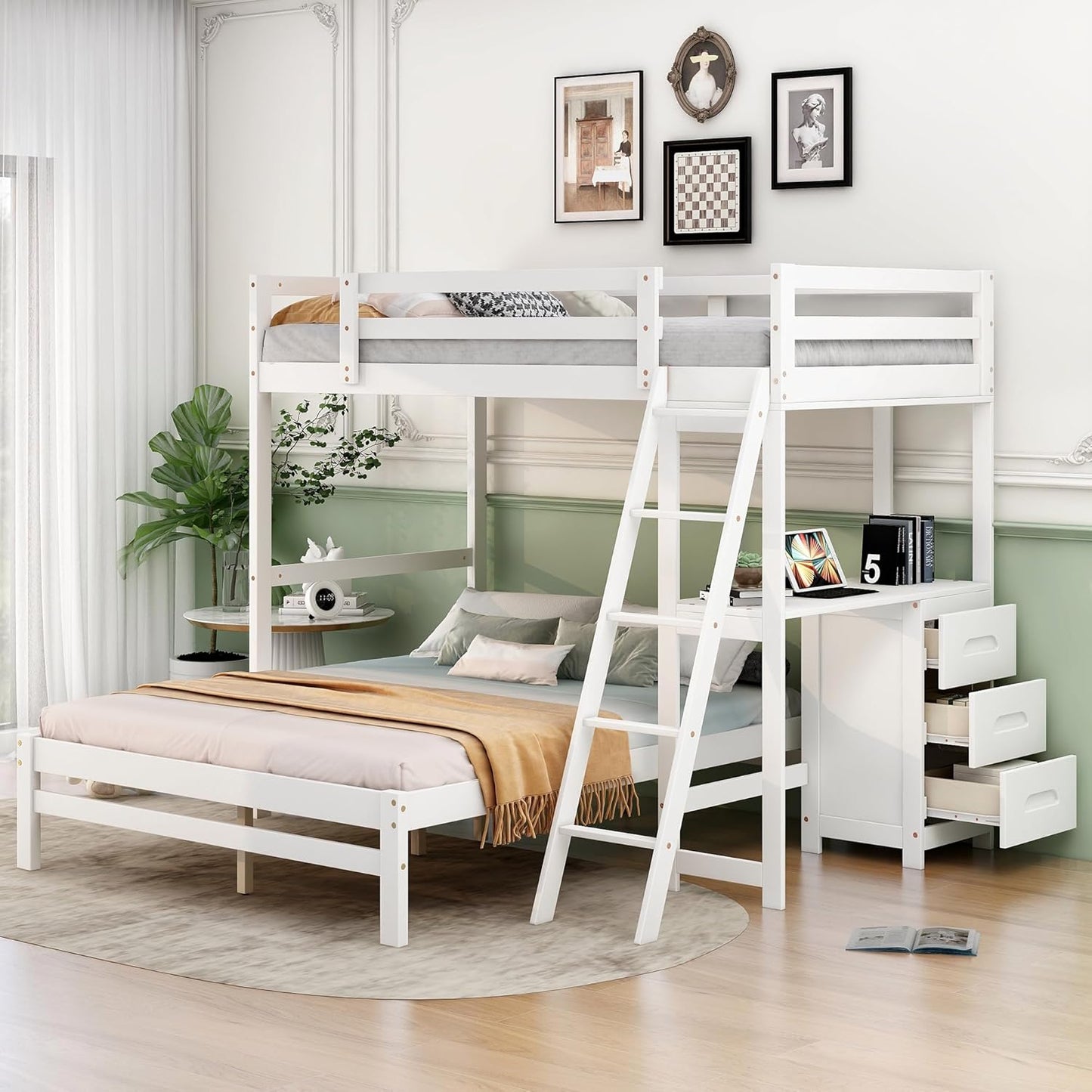 Twin Over Full Bunk Bed with Built-in Desk and Three Drawers,Pine Wood Convertible Twin Over Full L-Shaped Loft Bunk Bed Frame for Kids Teens Adults,White