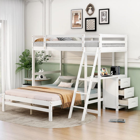 Twin Over Full Bunk Bed with Built-in Desk and Three Drawers,Pine Wood Convertible Twin Over Full L-Shaped Loft Bunk Bed Frame for Kids Teens Adults,White