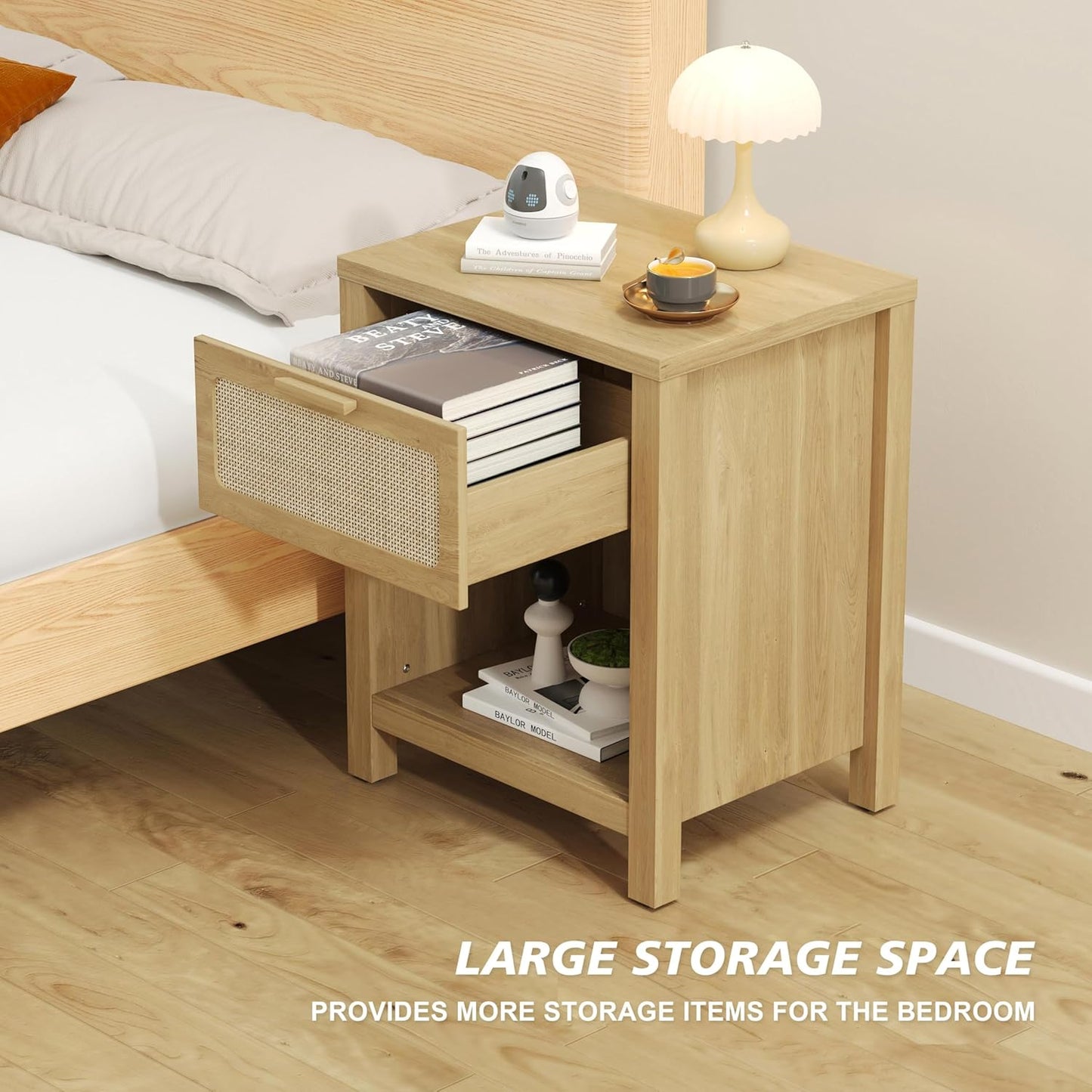 Rattan Nightstand, Farmhouse Bedside Table with Opening Storage,Large Side Table with Drawer,Boho Night Stand,Wooden End Table,Handmade Solid Wood Handle,Natural CTG65Y
