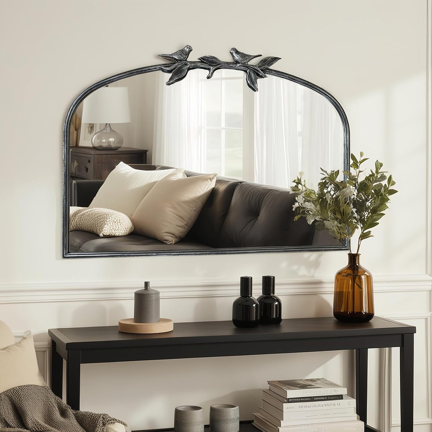 Silver Vintage Mirror - 36x24 Inch, Arched Antique Mirror with Ornate Frame for Bathroom, Living Room, Fireplace, Entryway