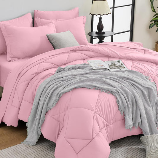 HEVUMYI Pink King Comforter Set - 7-Piece All Season Bed in a Bag King, Ultra Soft Bedding Set with Comforter, Flat Sheet, Fitted Sheet, Pillowcases, Pillow Shams, Pink