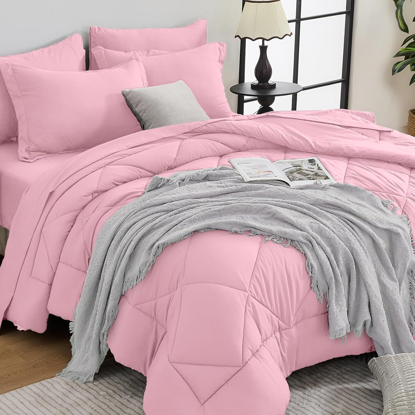 HEVUMYI Pink Queen Comforter Set - 7-Piece All Season Bed in a Bag Queen, Ultra Soft Bedding Set with Comforter, Flat Sheet, Fitted Sheet, Pillowcases, Pillow Shams, Pink
