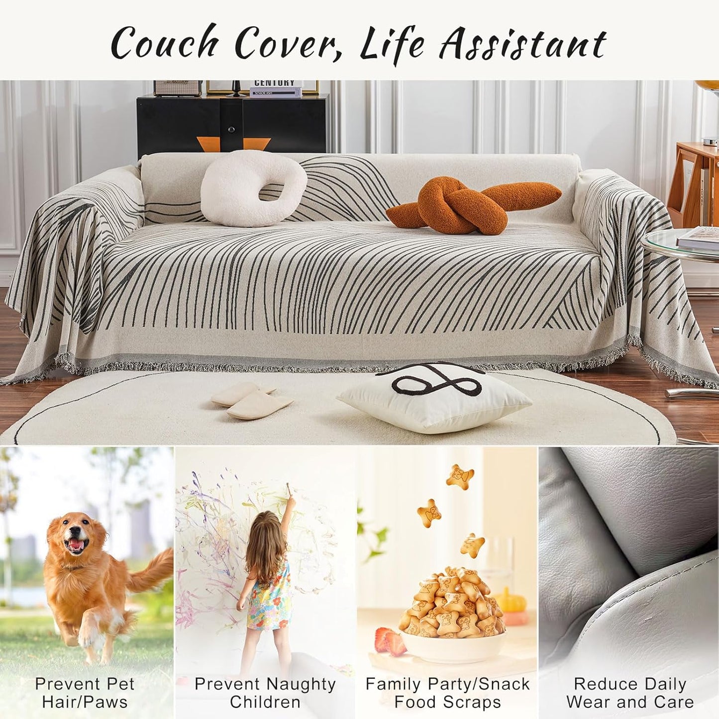 STACYPIK Stylish Striped Sofa Cover for Dogs,Non Slip Couch Protector for 3 Cushion Sofa, Pet-Friendly Couch Covers for Loveseat, Washable Boho Jacquard Couch Cover Blanket for Living Room-71X134IN