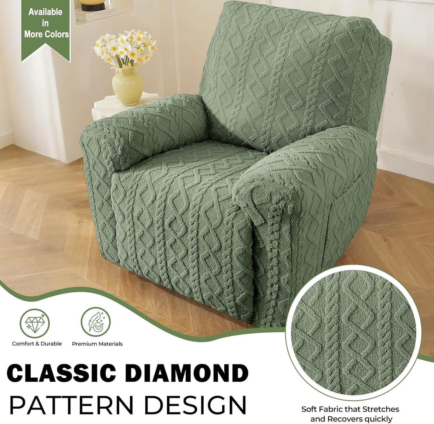 vctops Christmas Green 4 Pieces Geometric Jacquard Plush Recliner Slipcovers Soft Fuzzy Fluffy Sofa Couch Cover Anti-Slip Furniture Protector with Elastic Bottom for Kids Cats Dogs(Green,1 Seat)