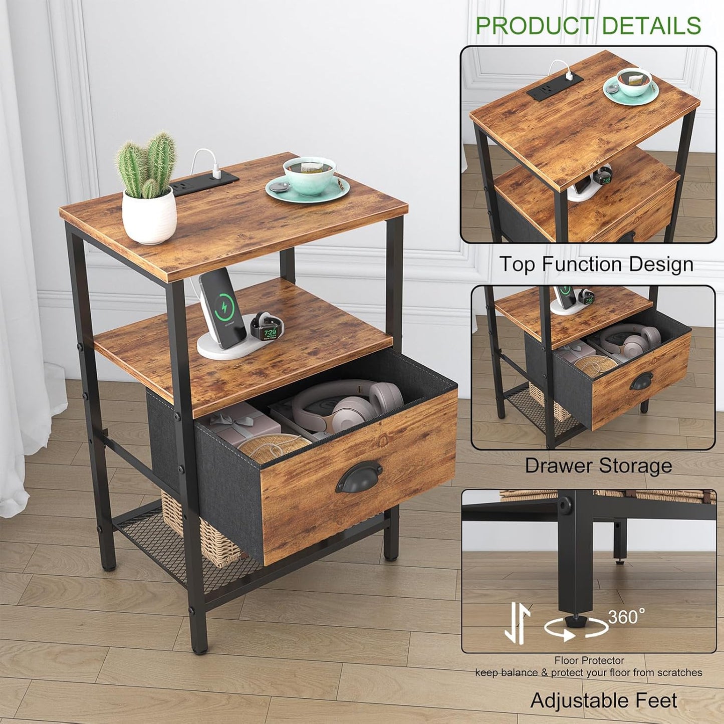 Nightstands Set of 2, Night Stands with Charging Station and Fabric Drawer, Bedside Tables with Storage, 2- Tier Side Table with Open Shelf, Nightstands with Charging Station,Rustic Brown