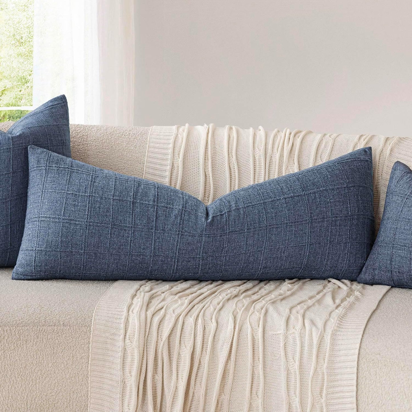 Foindtower Set of 2 Decorative Linen Check Throw Pillow Covers Neutral Long Body Lumbar Cushion Covers Farmhouse Vintage Home Decor for Sofa Chair Couch Bedroom Living Room Outdoor,14×36 Inch,Blue