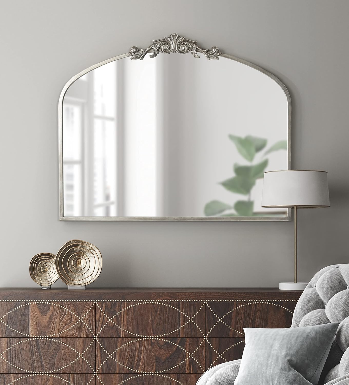 Kate and Laurel Arendahl Ornate Traditional Arched Mirror; 36 x 29; Silver; Decorative Baroque Style Arched Wall Mirror with Wide Frame and Ornamental Crown