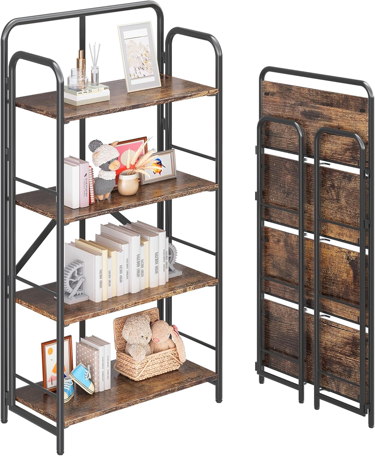 4NM No Assembly Folding Bookshelf 4 Tiers Vintage Industrial Black Book Shelf Metal Foldable Storage Bookcase and Bookshelves for Living Room,Bedroom and Kitchen - Rustic Brown
