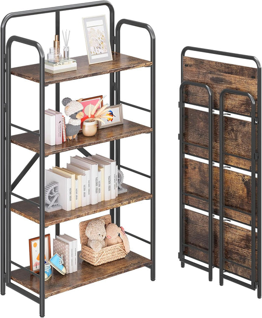 4NM No Assembly Folding Bookshelf 4 Tiers Vintage Industrial Black Book Shelf Metal Foldable Storage Bookcase and Bookshelves for Living Room,Bedroom and Kitchen - Rustic Brown
