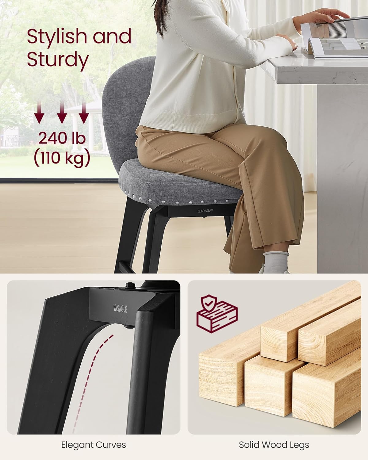 VASAGLE Bar Stools Set of 2, Swivel Counter Height Bar Stools with Back and Wood Legs, Chenille Fabric Upholstered Barstools, 26.2-Inch Tall Counter Barstools for Kitchen Island, Slate Gray