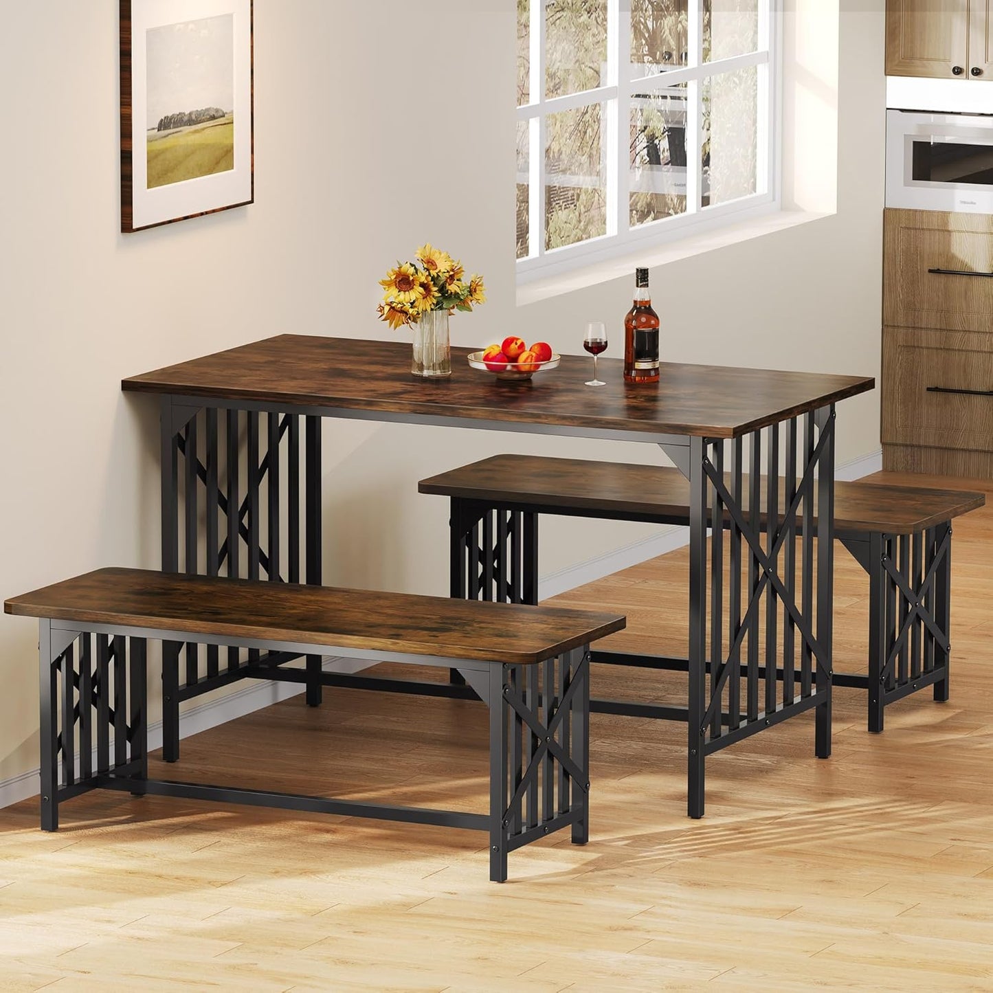 DWVO 3-Piece Kitchen Table with 2 Bench 47.2 Inch Dining Table Set for 4 People Industrial Rectangular Dining Room Furniture Set with Storage for Kitchen Rustic Brown