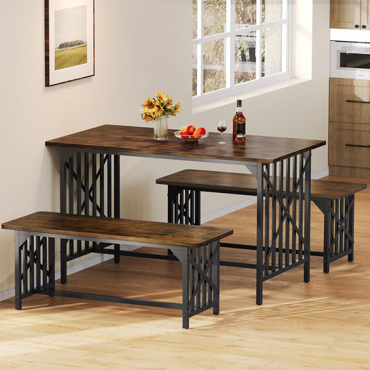 DWVO 3-Piece Kitchen Table with 2 Bench 47.2 Inch Dining Table Set for 4 People Industrial Rectangular Dining Room Furniture Set with Storage for Kitchen Rustic Brown