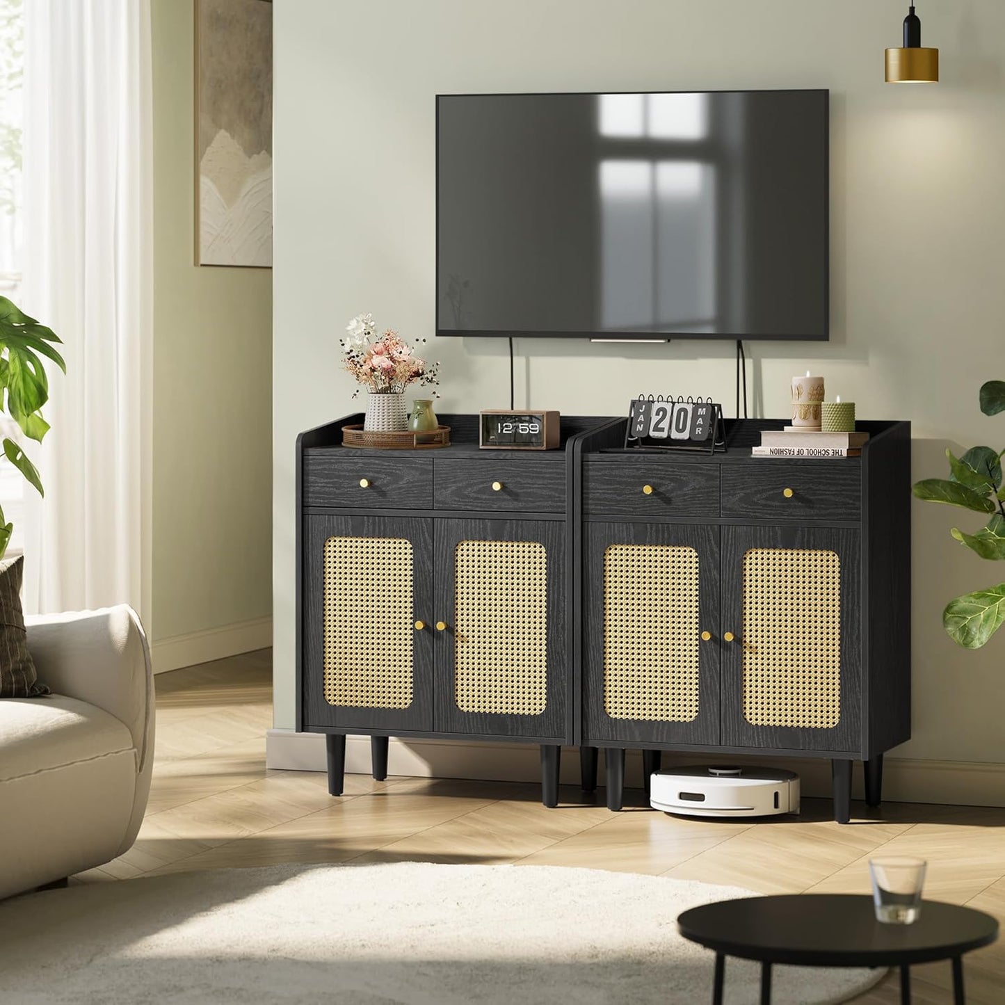 VASAGLE BOHOVEN Collection - Buffet Cabinets, Set of 2, Sideboard Storage Cabinets with Rattan-Like Doors and Drawers, Accent Cabinets, Adjustable Shelf, Boho Style, for Living Room, Ebony Black