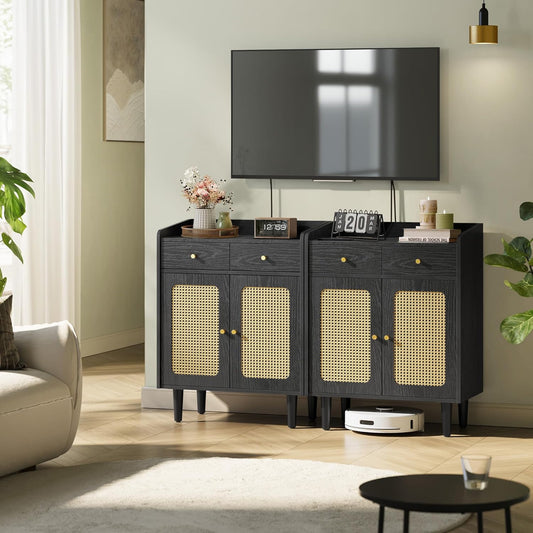 VASAGLE BOHOVEN Collection - Buffet Cabinets, Set of 2, Sideboard Storage Cabinets with Rattan-Like Doors and Drawers, Accent Cabinets, Adjustable Shelf, Boho Style, for Living Room, Ebony Black