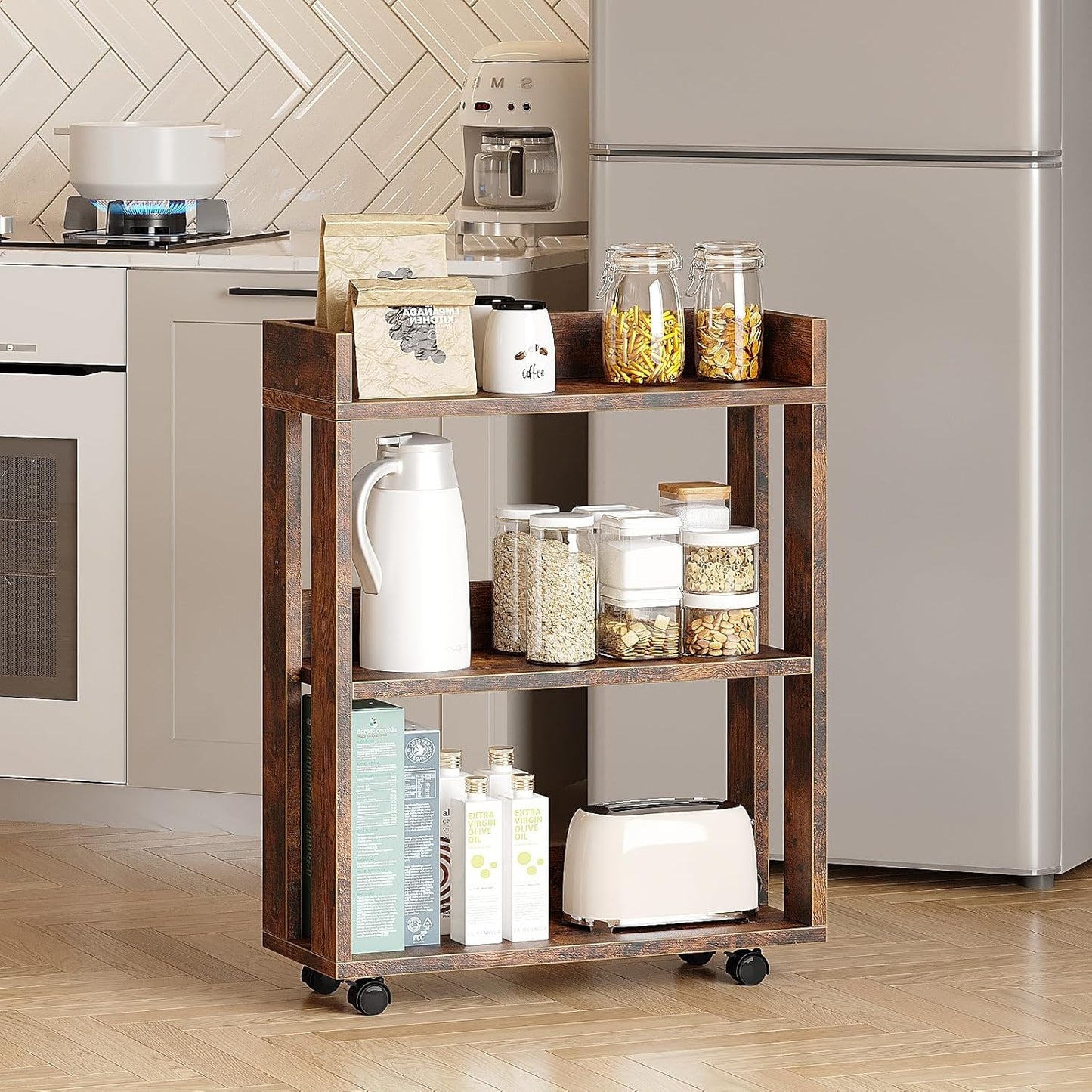 ALISENED 3 Tier Nightstand with Wheels, Wood Small Bookshelf and Bookcase, Farmhouse Bedside End Table with Storage Rack for Bedroom, Library, Living Room, Home, Office Cart, Rustic