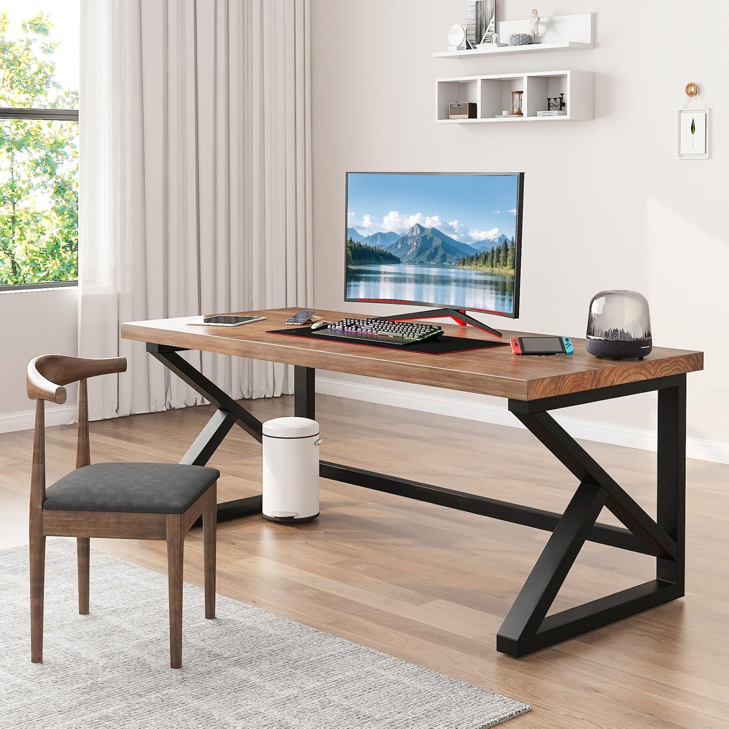 Solid Wood Computer Desk 55-inch Large Office Desk Home Simple Modern Long Desk Study Writing Desk Dining Table for Home Office