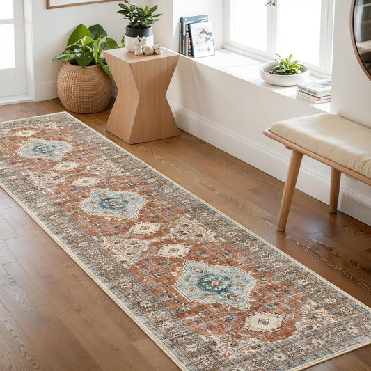 Lahome Oriental Hallway Runner Rug, 2.5x8 Kitchen Runner Non Slip Ultra-Thin, Soft Washable Hallway Rug Non Shedding Long Carpet for Entryway ‎Laundry Room Bathroom, Orange/Multi