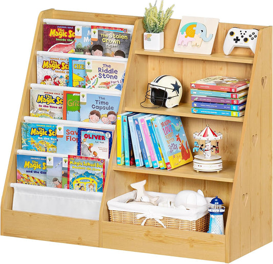 Lerliuo 4 Tier Kids Bookshelf and Storage Organizer, Five Layer Sling Children Bookcase, Baby Toddler Wooden Book Shelf, Display Cabinet for Playroom, Bedroom, Classroom, Nursery, School (Natural)