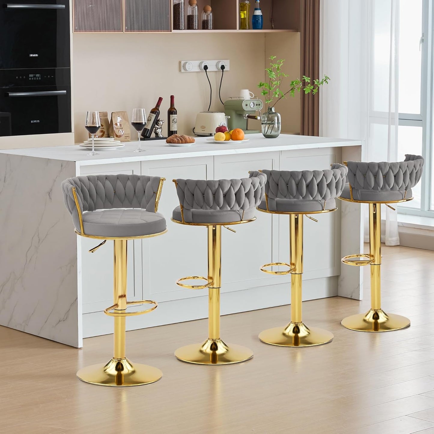 VECELO Bar Stools Set of 4, Adjustable Barstools Counter Height Stools with Back and Arm, Velvet Woven Kitchen Island Stools w/Gold Metal Leg & Base, 360° Swivel Bar Chair, Light Grey