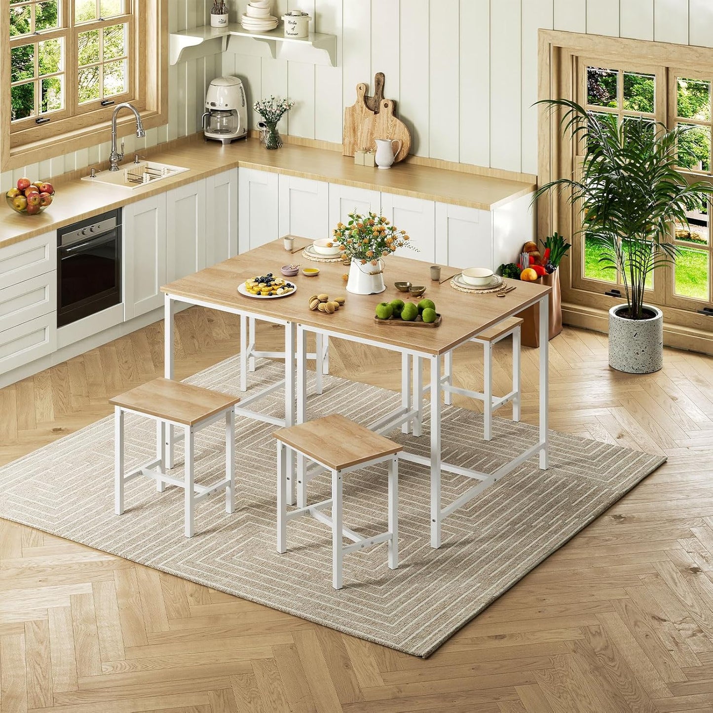 HOOBRO 3-Piece Industrial Dining Table Set, Kitchen Table, Space Saving Dinette for Kitchen, Dining Room, Small Space, Breakfast Nook, Living Room, Party, Natural and White WN75CZ01G1