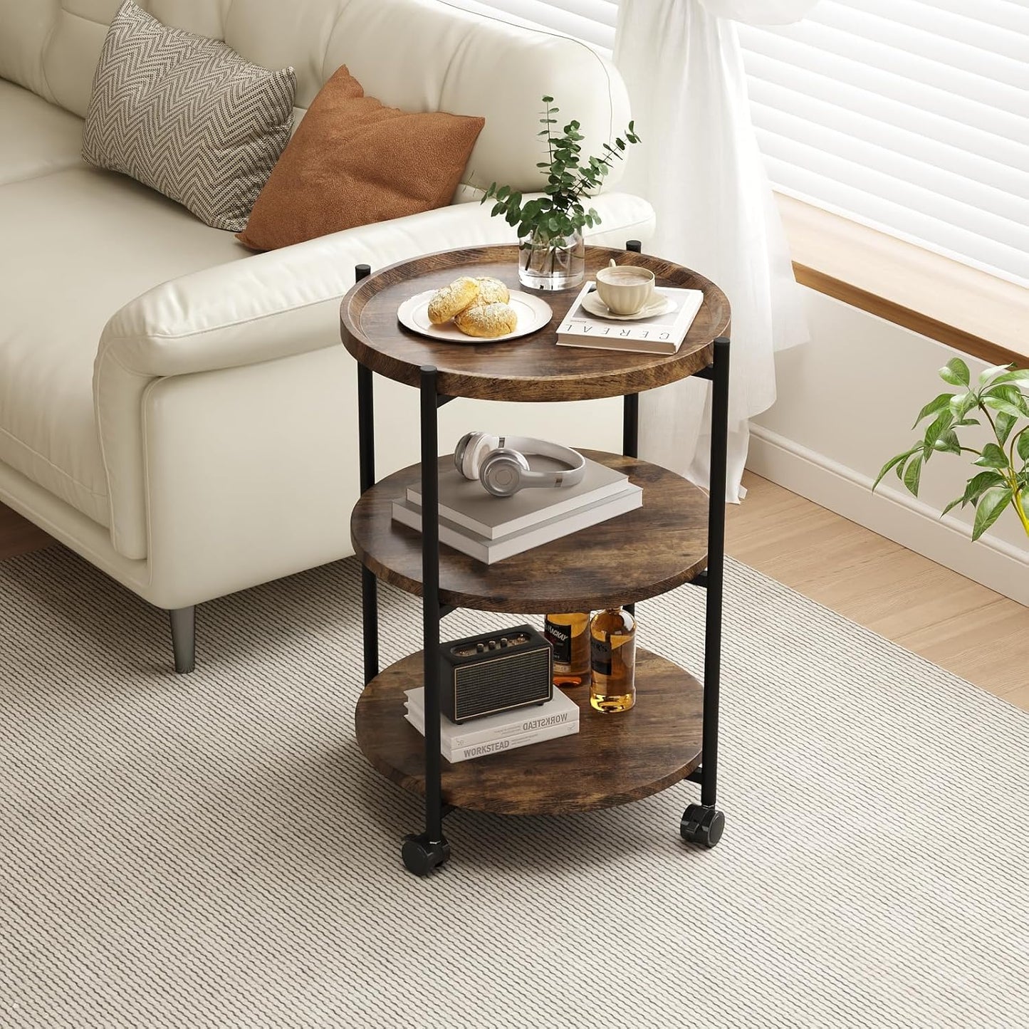 Side Tables Living Room, 3-Tier Modern End Table with Wheels, Small Side Table Nightstand Bedside Table for Living Room, Bedroom, or Small Spaces-Rust Brown