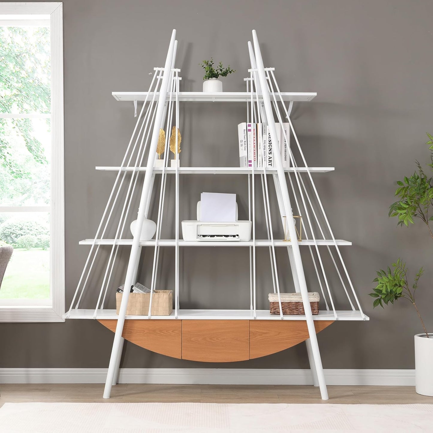 4 Tier Modern Boat-Shaped Bookshelf with Drawer, White & Brown, 84.3" Tall Vertical Ladder Shelf for Storage Display Decoration, Sturdy MDF & Metal Industrial Frame, for Living Room