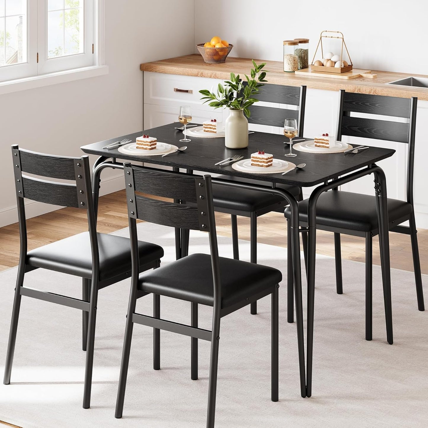 5 Piece Dining Table Set for 4, Compact Square Table Chairs, Sturdy MDF Top, Metal Frame, Space-Saving Breakfast Set for Kitchen, Apartment, Office, Easy Assembly Wipe-Clean