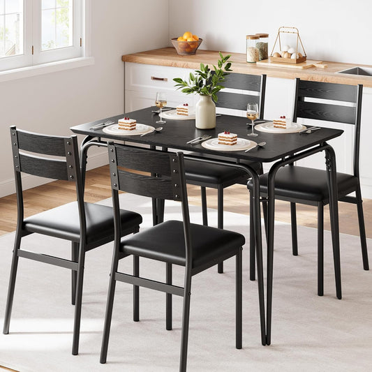5 Piece Dining Table Set for 4, Compact Square Table Chairs, Sturdy MDF Top, Metal Frame, Space-Saving Breakfast Set for Kitchen, Apartment, Office, Easy Assembly Wipe-Clean