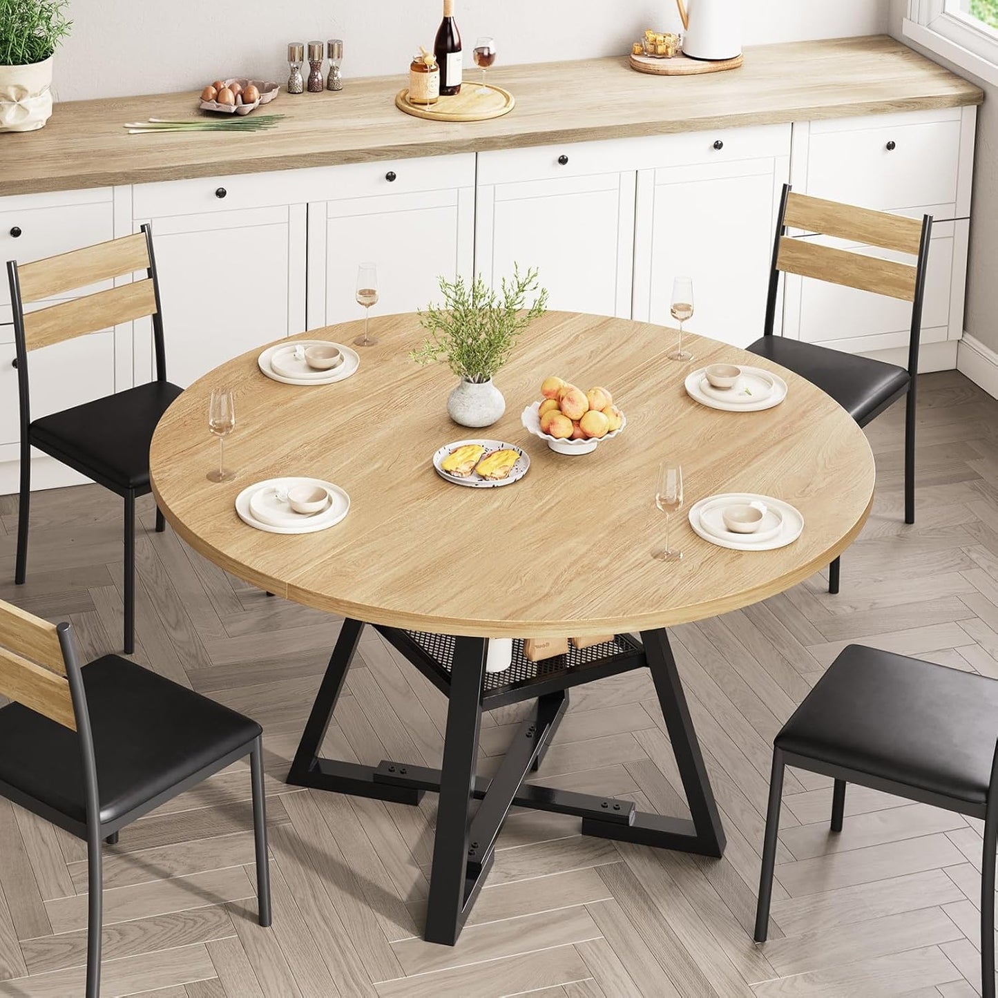 42'' Round Dining Table for 4,Kitchen Dining Room Circle Dinner Pedestal Table,Space Saving Wood Kitchen & Dining Room Furniture (Natual Wood, 42In)