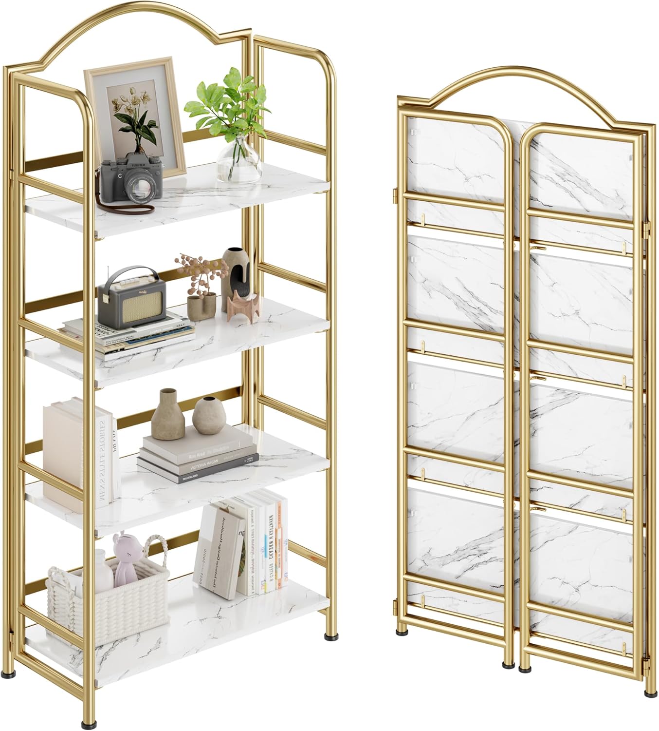 No-Assembly Gold Folding Bookshelf Storage Shelves 4 Tiers Vintage Multifunctional Plant Flower Stand Storage Rack Shelves Bookcase for Home Office