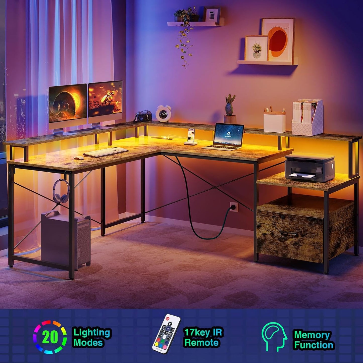 Rolanstar L Shaped Gaming Desk with Drawers, 64" Reversible Computer Desk with Power Outlet & LED Strip, Corner Desk with File Cabinet & Monitor Stand, Home Office Desk, Rustic Brown