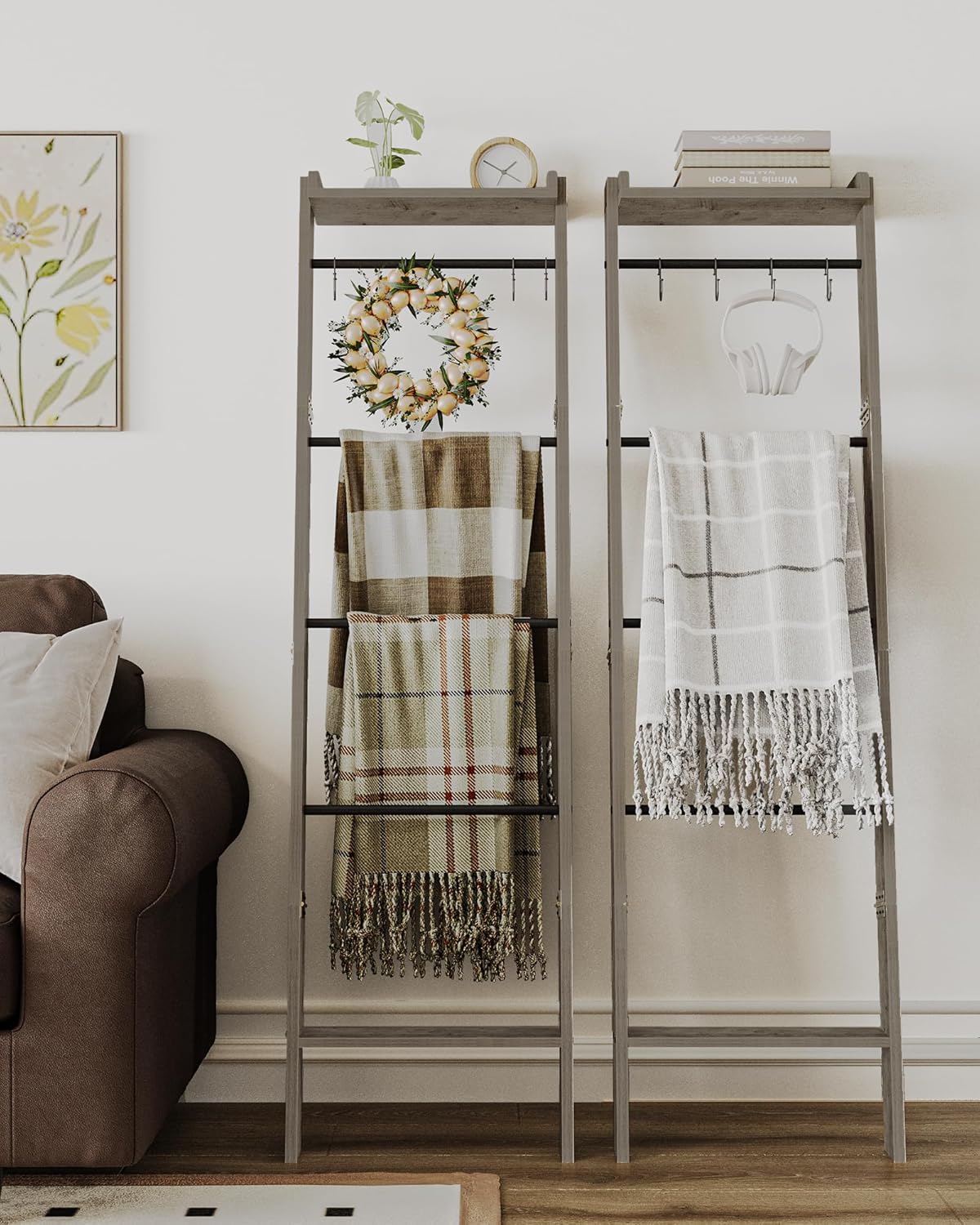 Blanket Ladder Shelf for Living Room, Decorative Quilt Rack with Storage Shelf, 6-Tier Farmhouse Ladder Holder Organizer with 4 Removable Hooks for Bedroom, Greige and Black BR35805B