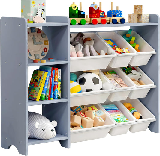 MallBest 4-Tier Kids' Toy Storage Organizer Shelf - 100% Solid Wood,Children's Storage Cabinet with 9 Plastic Bins and 3 Storage Ports(Grey-Single Color)