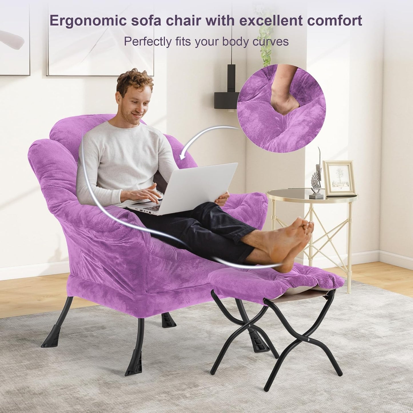 Fabric Lazy Chair with Ottoman, Oversized Upholstered Sofa Chair for Adults, Plush Comfy Lounge Chair with Large Side Storage Pocket, Reading Chair for Living Room, Bedroom, Office, Purple