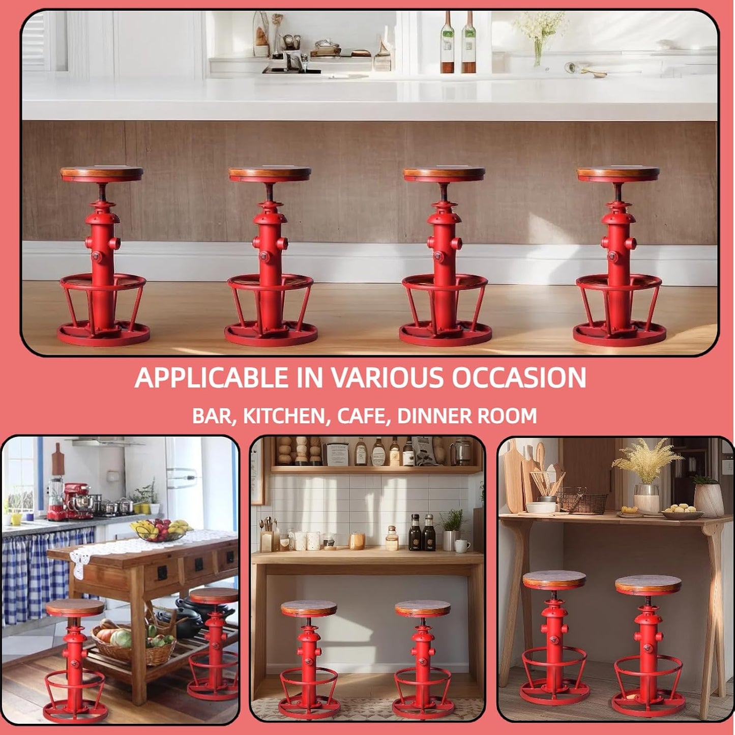 Industrial Bar Stools Vintage Swivel Bar Chairs 24.8-30.7inch Height Adjustable Farmhouse Kitchen Counter Island Stool Fire Hydrant Design Pub Stool