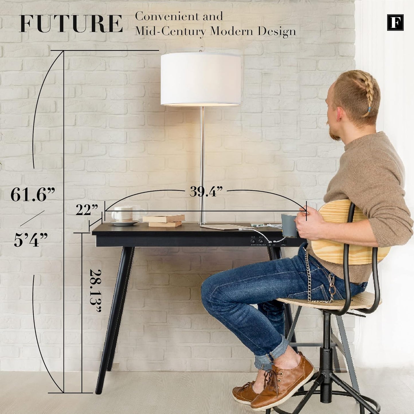 FENLO Future - 39' Modern Desk with USB-C & Qi Wireless Charging Station