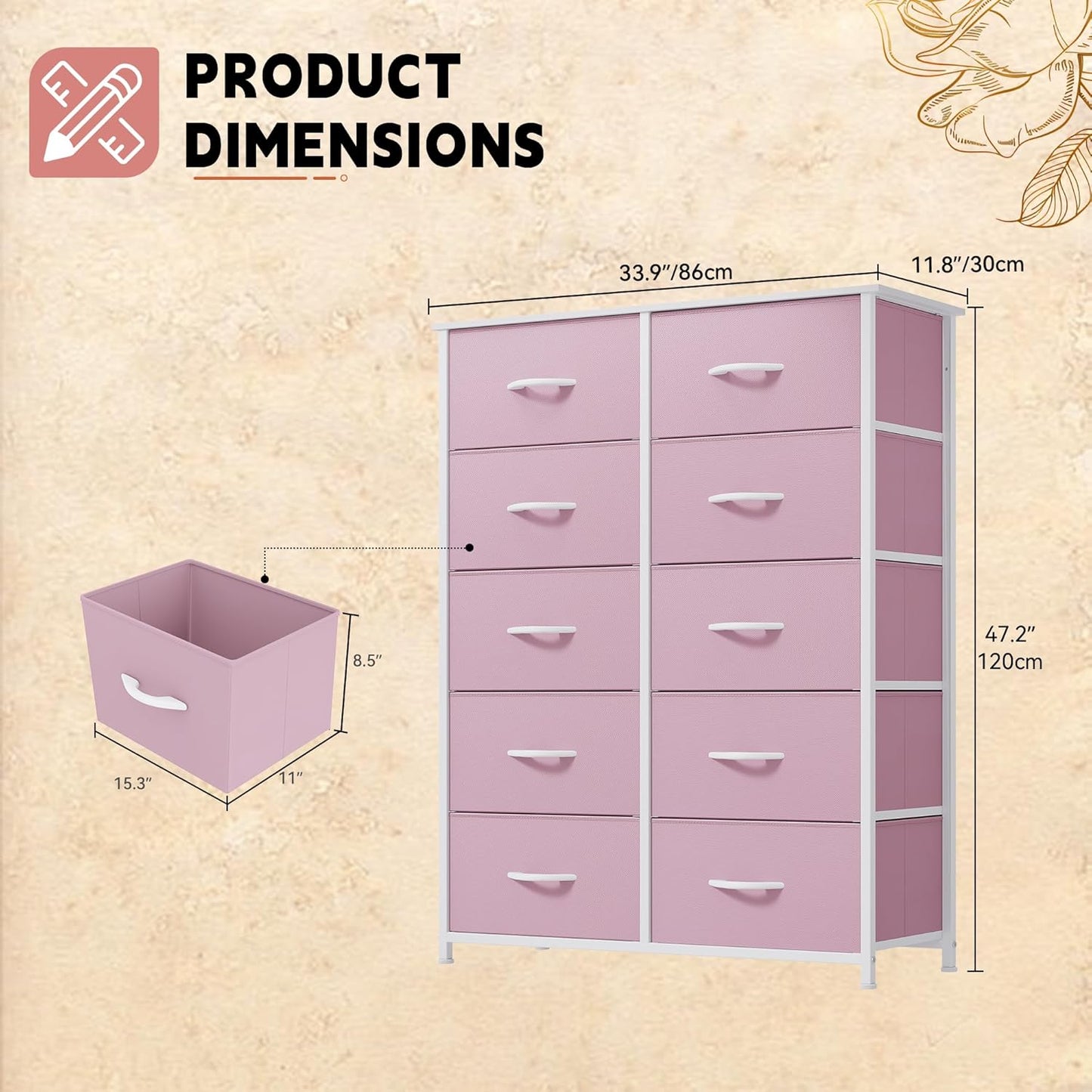 DWVO 10 Drawer Dresser - Fabric Storage Tower, Tall Chest Organizer Unit, Living Room, Hallway, Closets - Sturdy Steel Frame, Wooden Top & Easy Pull Fabric Bins, Pink
