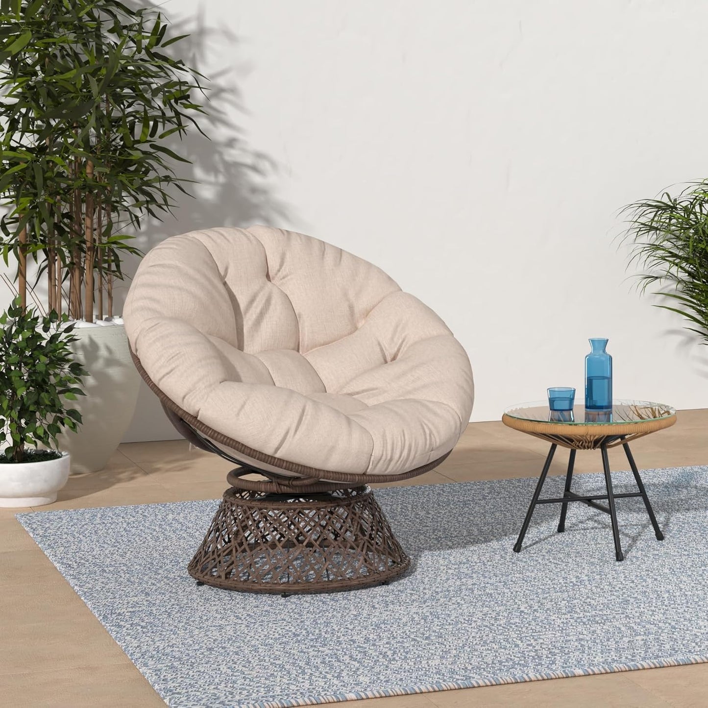 Bme 40" Ergonomic Wicker Papasan Chair with Soft Thick Density Fabric Cushion, High Capacity Steel Frame, 360 Degree Swivel for Living, Bedroom, Reading Room, Lounge, Sepia Sand - Brown Base