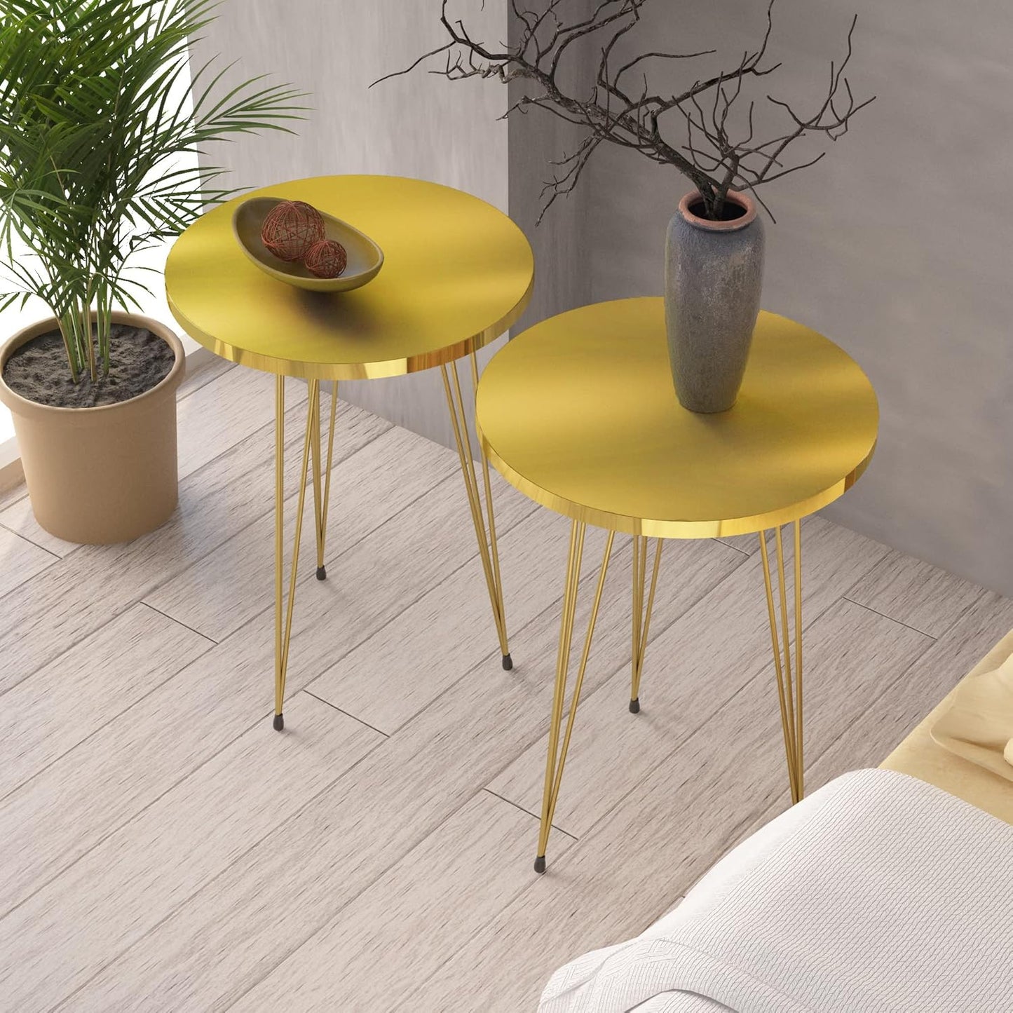 PAK HOME Set of 2 High Gloss Gold End Tables Round Wood Sofa Side Coffee Tables for Small Spaces, Nightstand Bedside Table with Metal Legs for Bedroom, Living Room, Office, Balcony