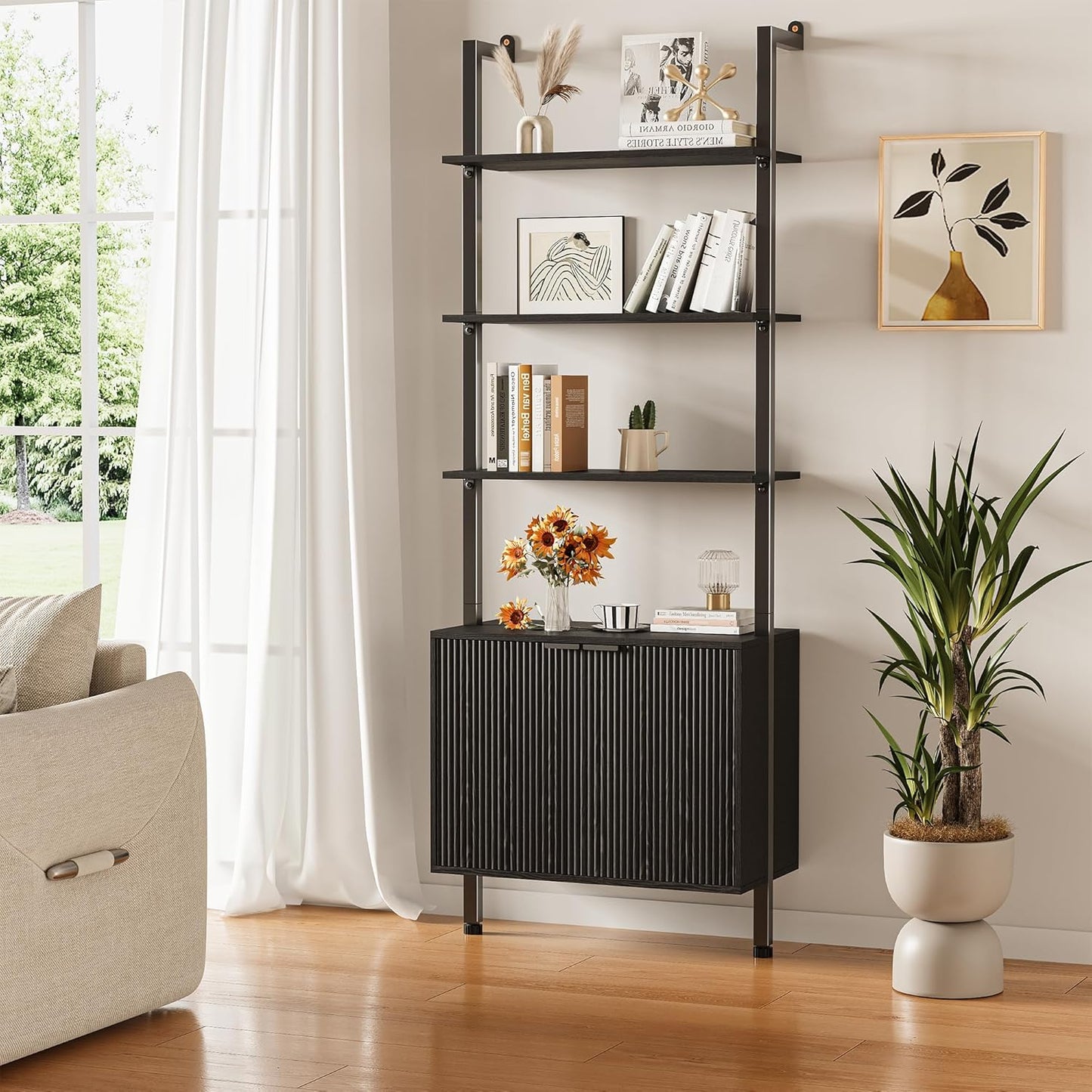 74" Tall Bookshelf with Storage Cabinet, Modern Ladder Shelf with Wood and Metal Frame, Wall Mount Bookcase Open Display Shelf Furniture for Living Room, Bedroom, Home Office，Black