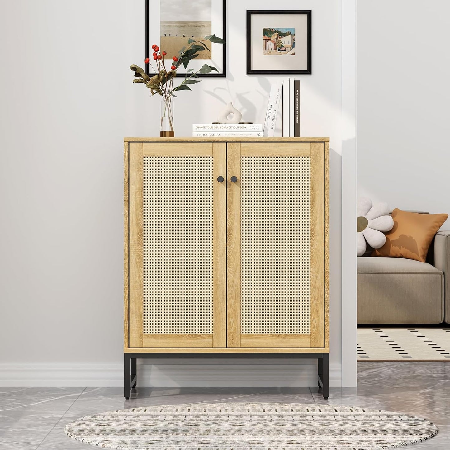 Sideboard Buffet Cabinet, Storage Cabinet with Double Rattan Doors, Modern Rattan Sideboard Cabinet, Kitchen Storage Cabinet with Metal Feet, for Entryway, Bedroom, Living Room (Natural Wood)