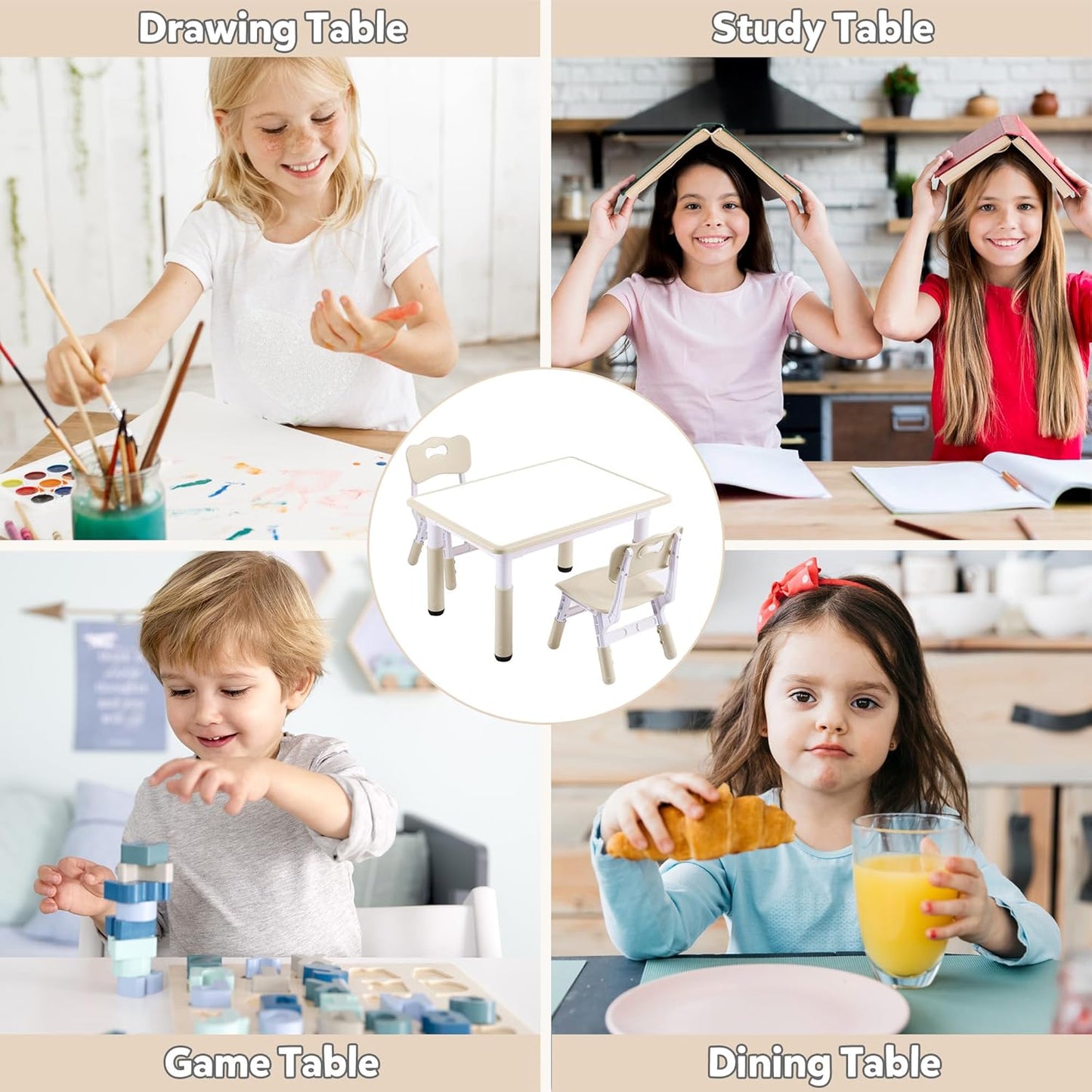Adjustable Kids Table & Chairs Set for Ages 3-8 | 31.5"x23.6" Easy-Clean Activity Table | Meets ASTM/CPSC Standards for Daycare, Homeschool & Playroom (Natural, 2 Chairs)
