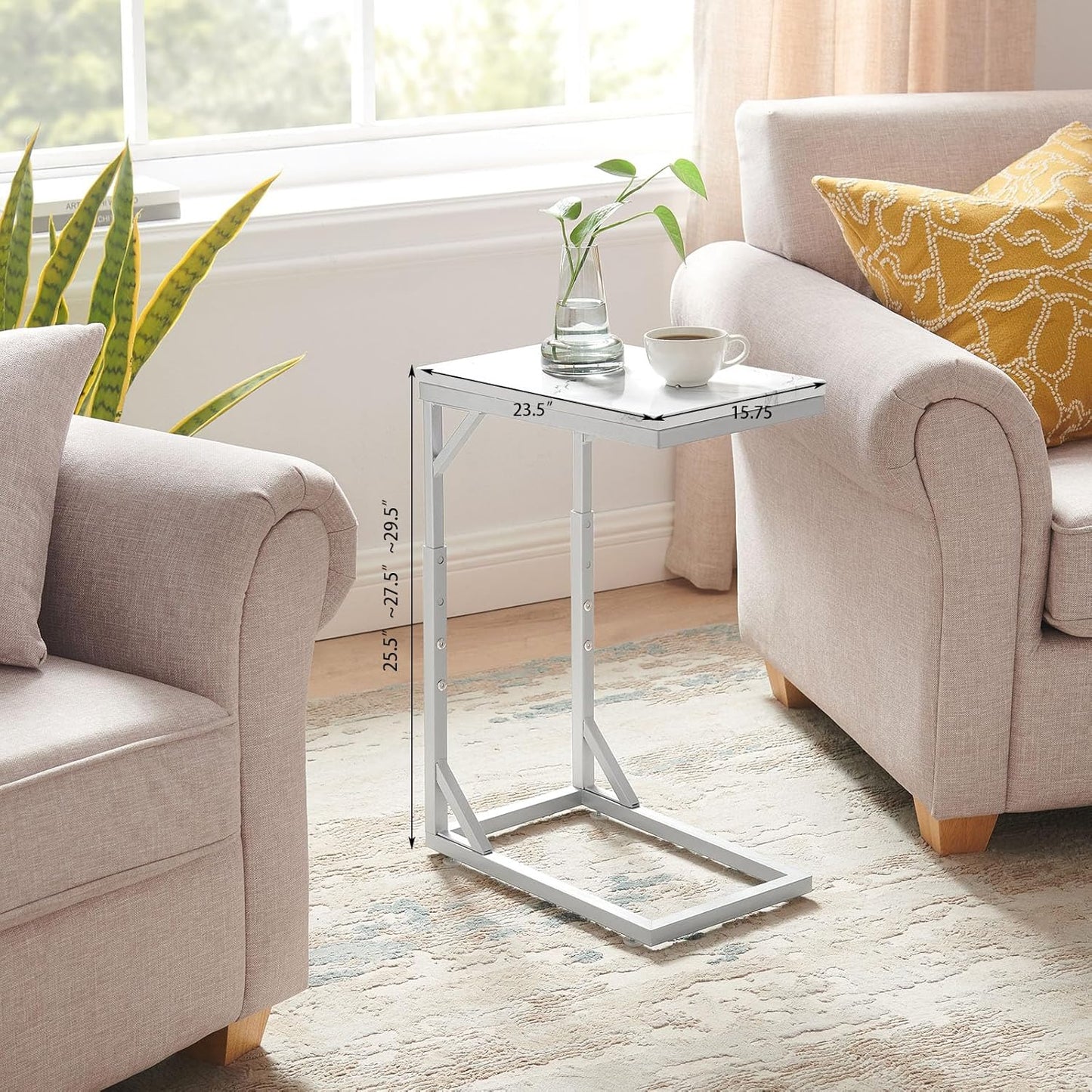 C-Shaped End Table, Small Sofa Table with Metal Frame, Adjustable Height Side Table for Couch, Living Room, Bedroom, Bedside (Silver, Large)