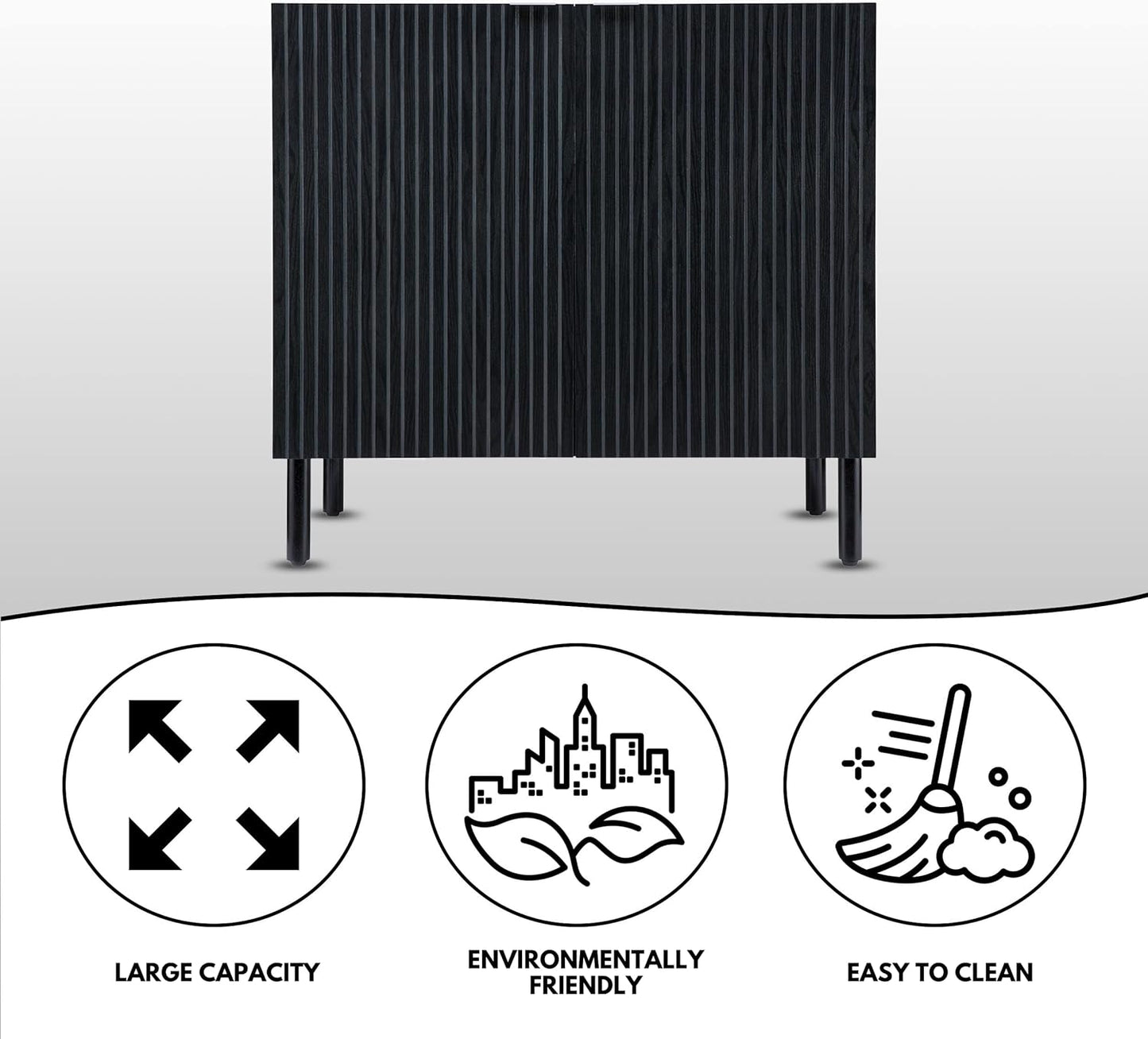 Sango Merk 2-Door Cabinet, Modern Black Storage Cabinet with Vertical Groove Doors, Adjustable Shelf, Cylindrical Wood Legs, Discreet Metal Finger Pulls, Stylish Furniture for Living or Dining Room