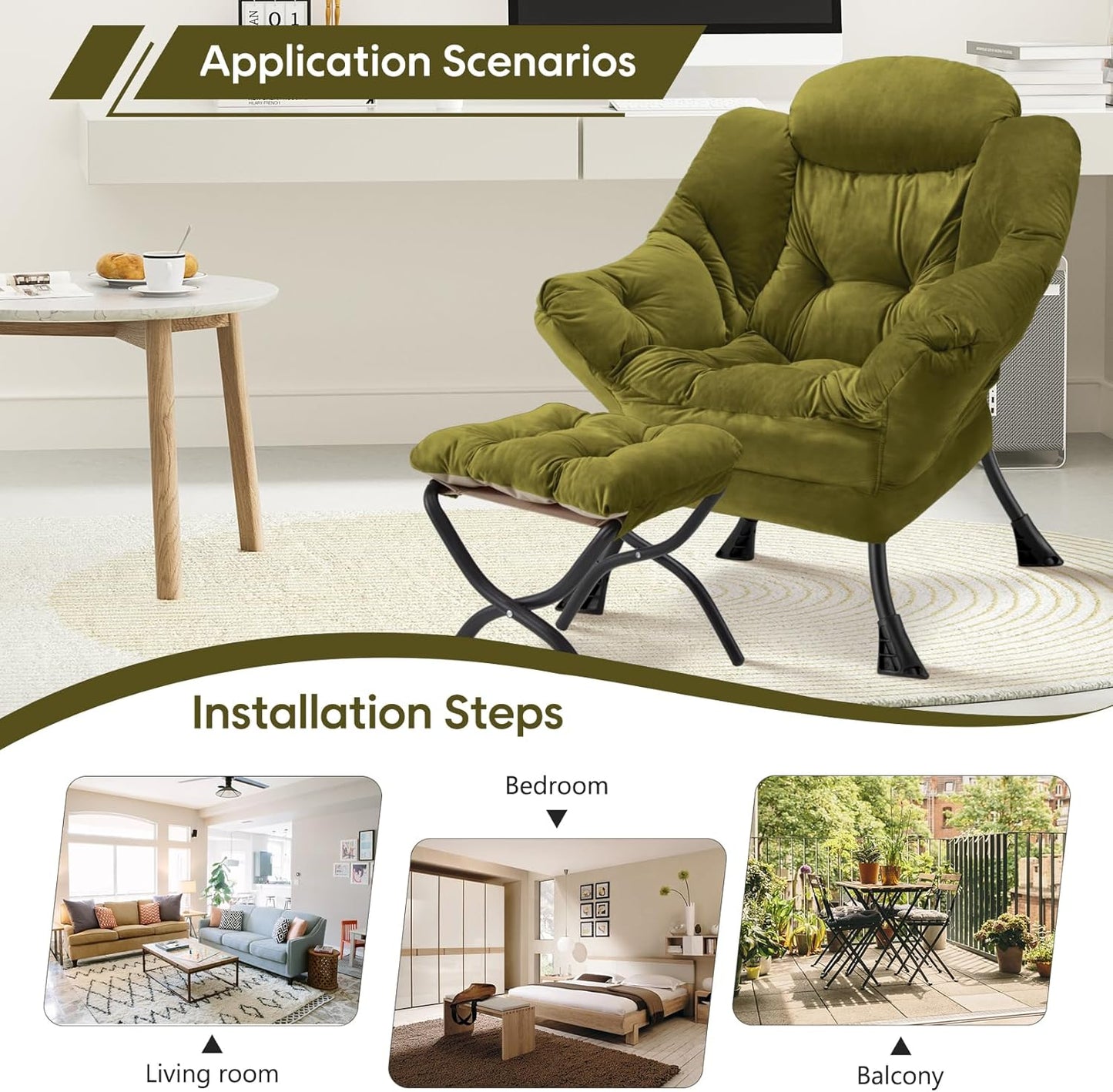 Lazy Chair with Folding Ottoman Modern Large Accent Chair,Contemporary Lounge Leisure Sofa Chair with Armrests Upholstered Sofa Armchair Reading Chair for Bedroom,Dorm & Office(Green-f)