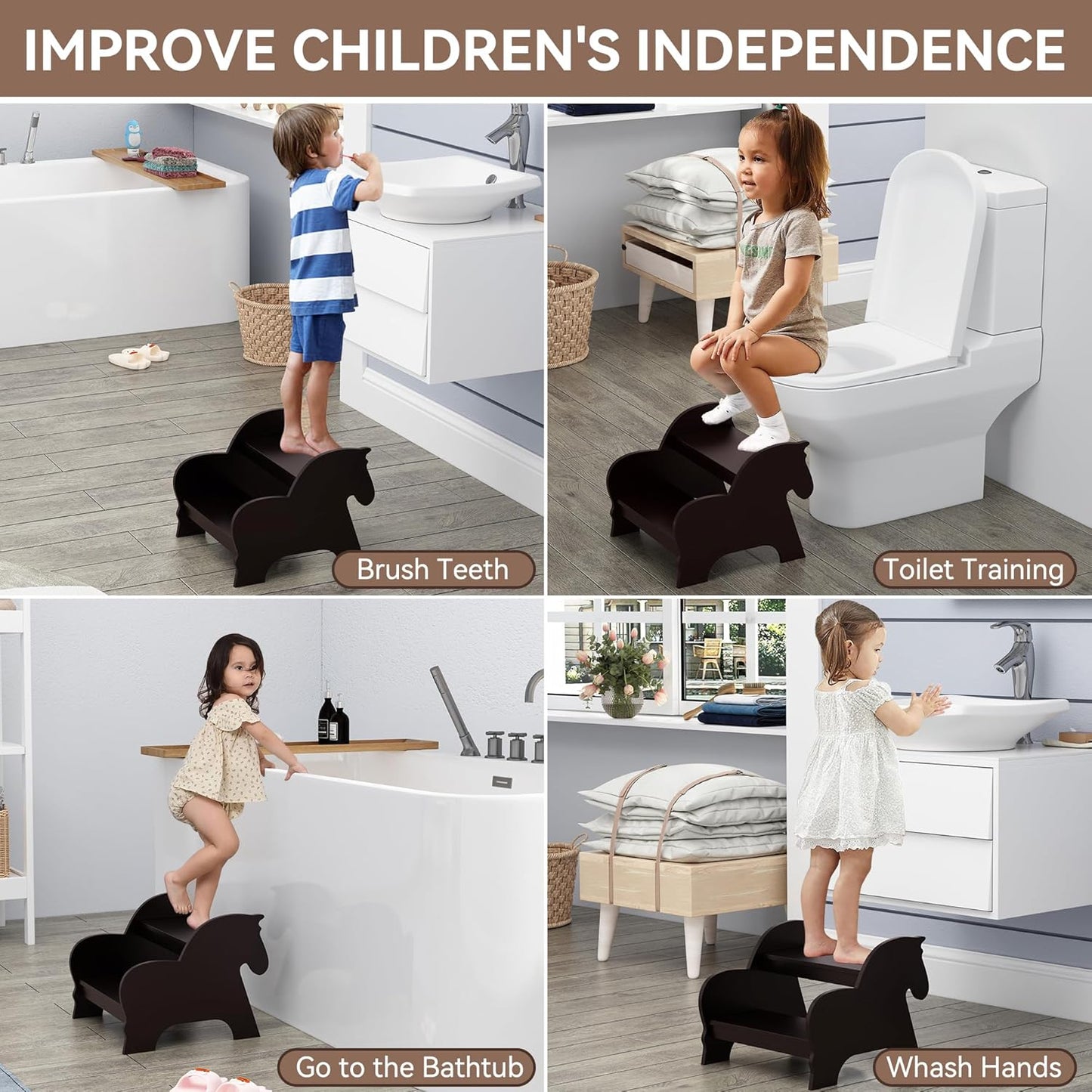 Wood Step Stools for Kids, Child Two Step Stool of Horse Shape, Toddler Step Stools Potty Training Stool, Easy to Move Safety for Kitchen, Bathroom, Bedroom, Toilet