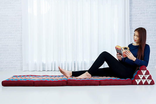 Leewadee Comfortable Japanese Floor Mattress - Thai Floor Bed with Triangle Cushion - Futon Mattress - XL Extra Long Thai Massage Mat, 89 x 20 inches, Blue Red, Kapok Filling